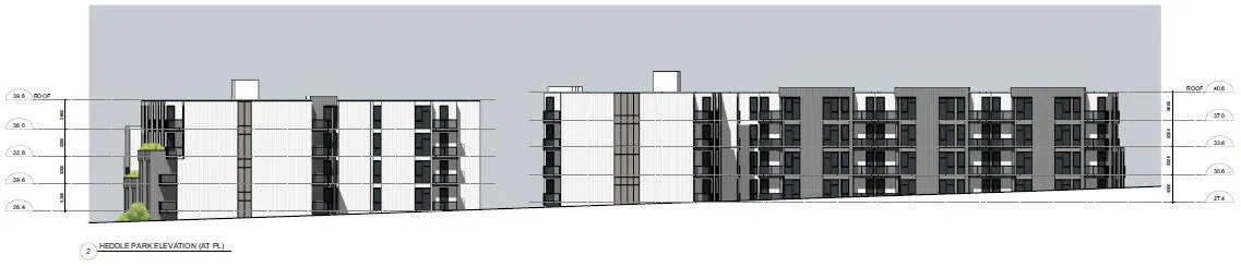 Digital elevation model rendering of the side elevation facing Heddle Park