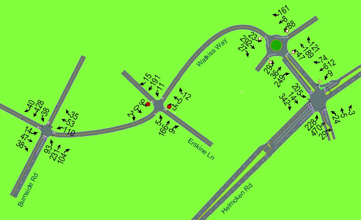 Figure 6 - Existing Traffic Volumes - PM. Diagram showing vehicle volumes and turning movements at key study area intersections during the PM peak period.