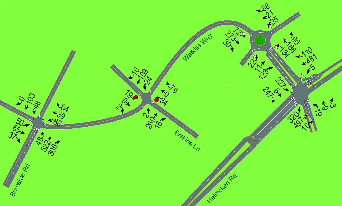 Diagram of traffic volumes at intersections for AM