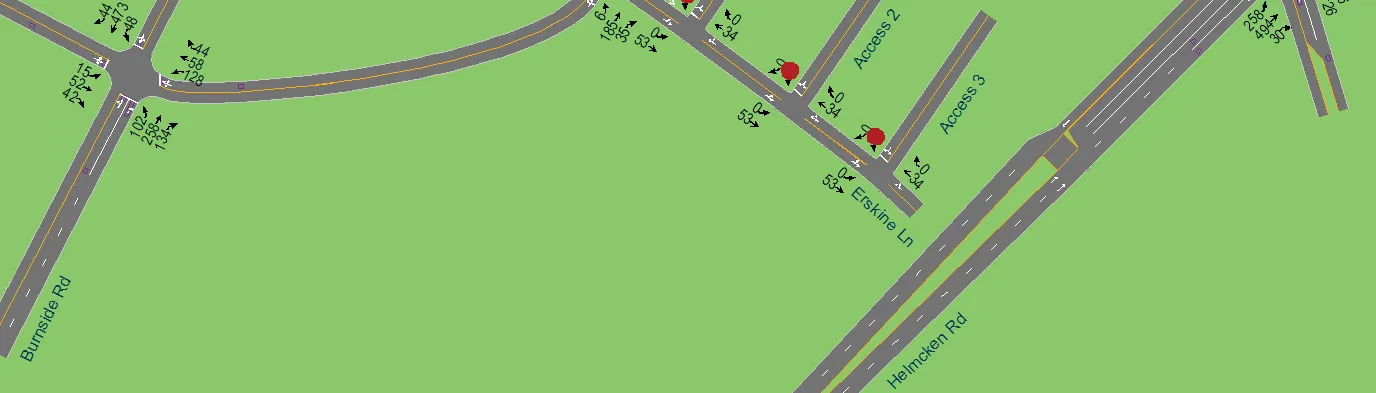 Detail diagram of traffic volumes at Burnside Road for background 2033 PM