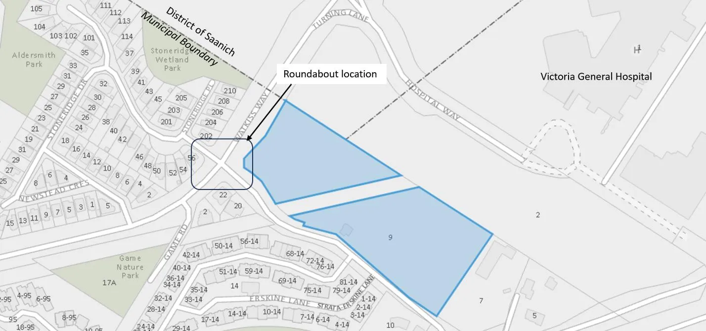 Map showing the proposed roundabout location at the intersection of Watkiss Way and Erskine Lane, adjacent to Victoria General Hospital