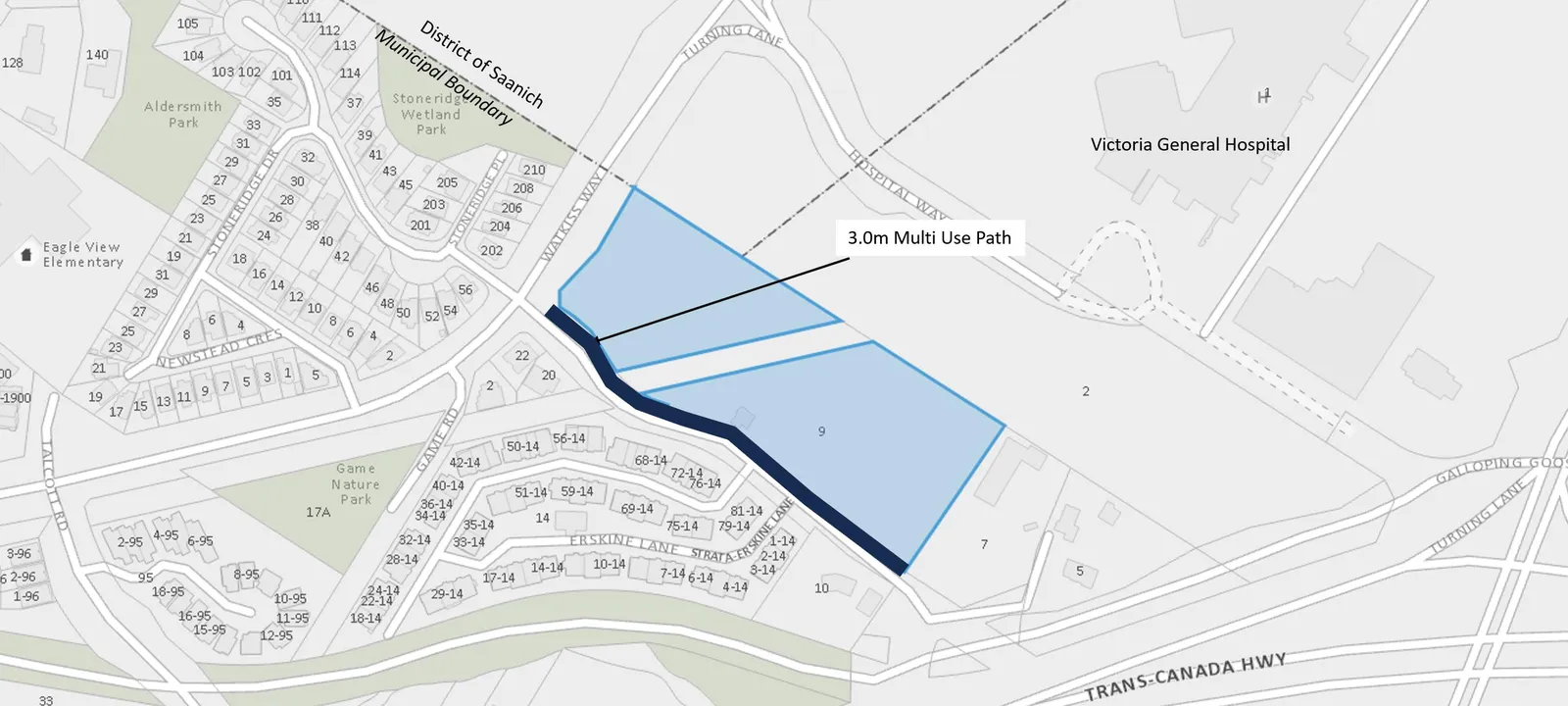 Property map of 9 Erskine Lane with a line indicating a proposed 3.0m multi-use path along the southern boundary line
