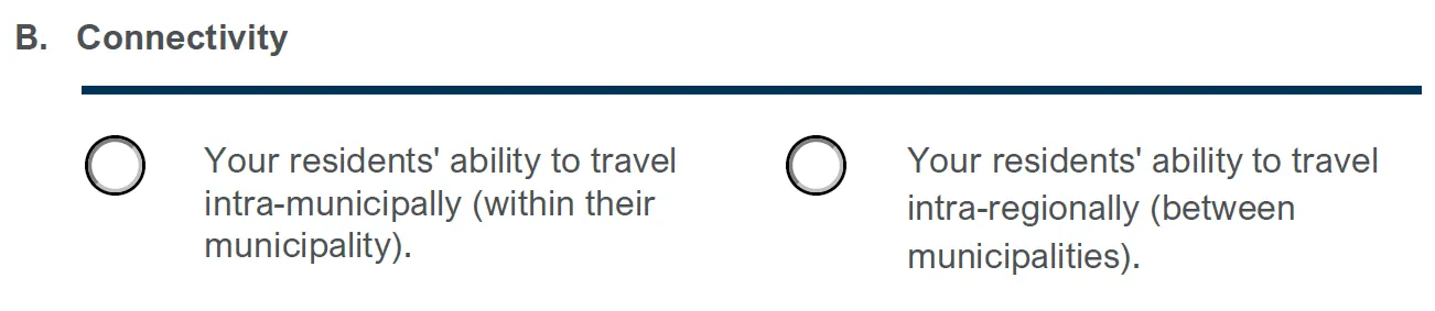 Radio button options for focusing on intra-municipal vs intra-regional travel ability