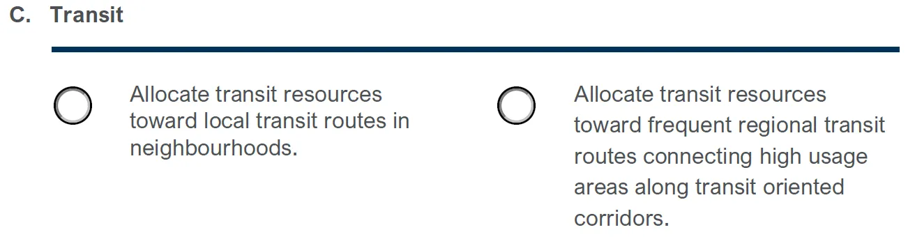Radio button options for allocating transit resources toward local routes vs frequent regional corridors