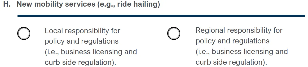 Radio button options for local vs regional responsibility for policy and regulations for new mobility