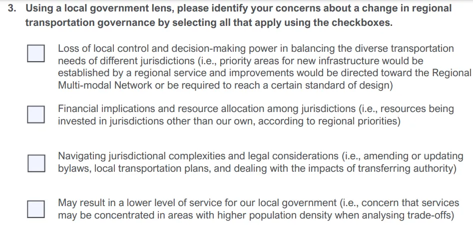 Checklist of concerns regarding regional transportation governance changes