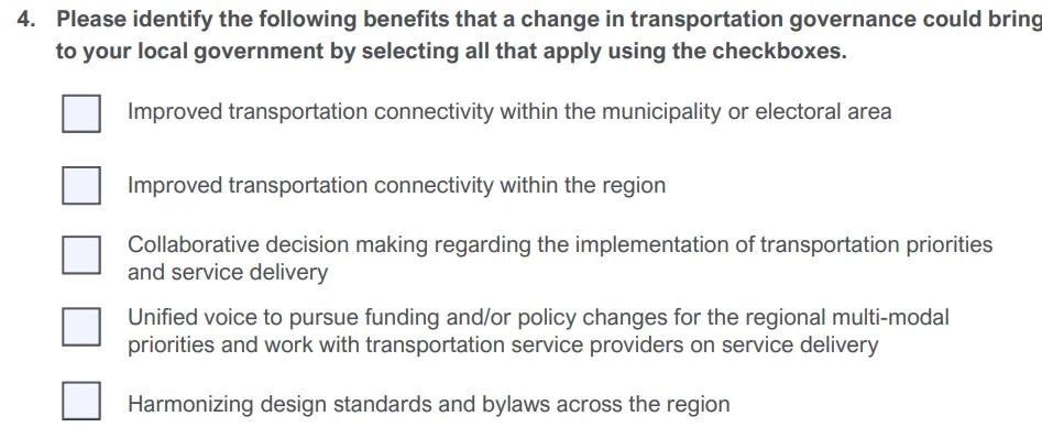 Checklist of benefits for regional transportation governance changes