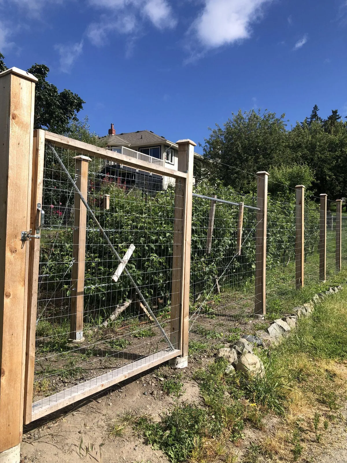 A close-up of a newly installed wooden gate and wire fencing.