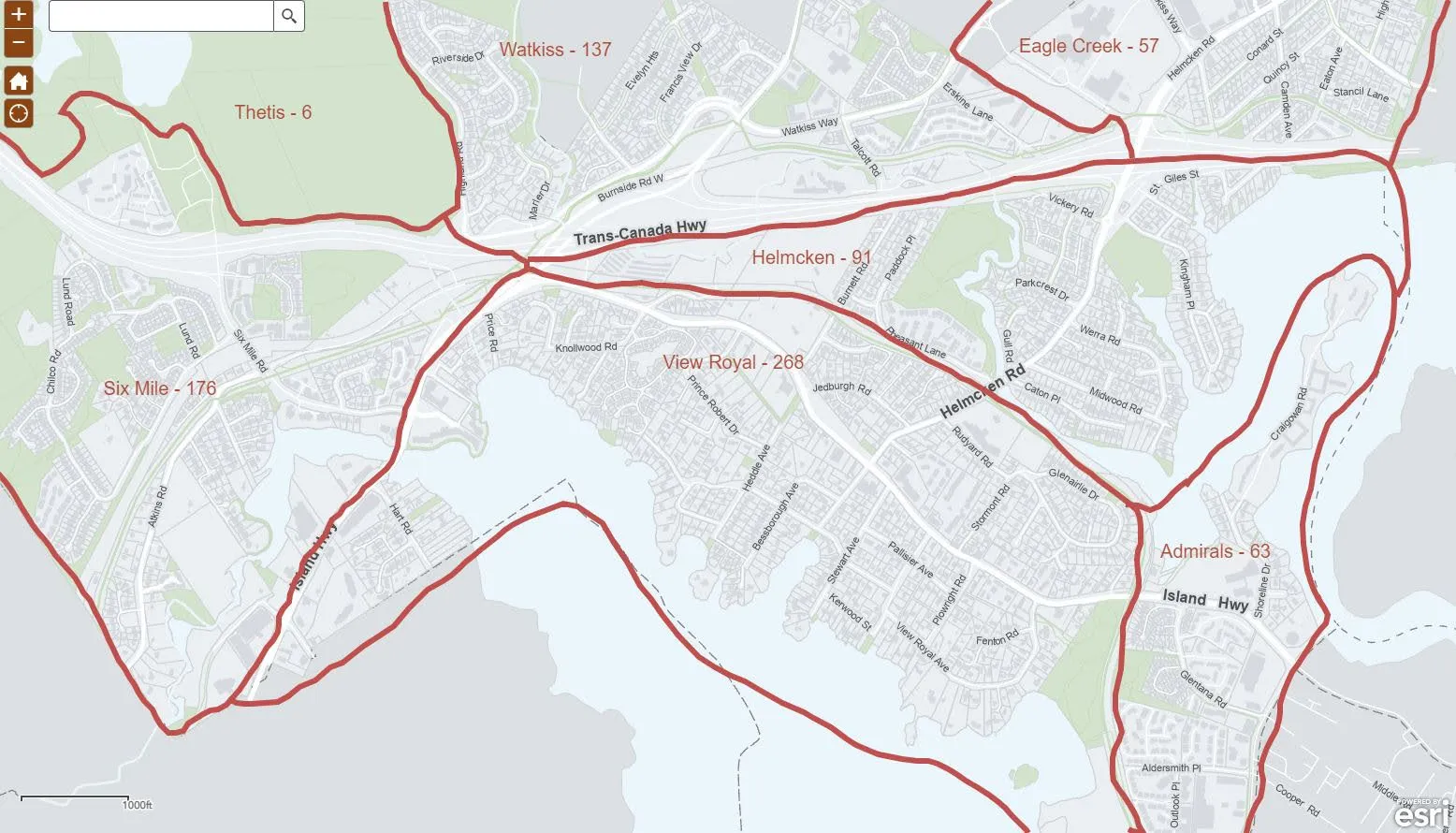 Map of service zones in the Town of View Royal showing calls for service for 2022
