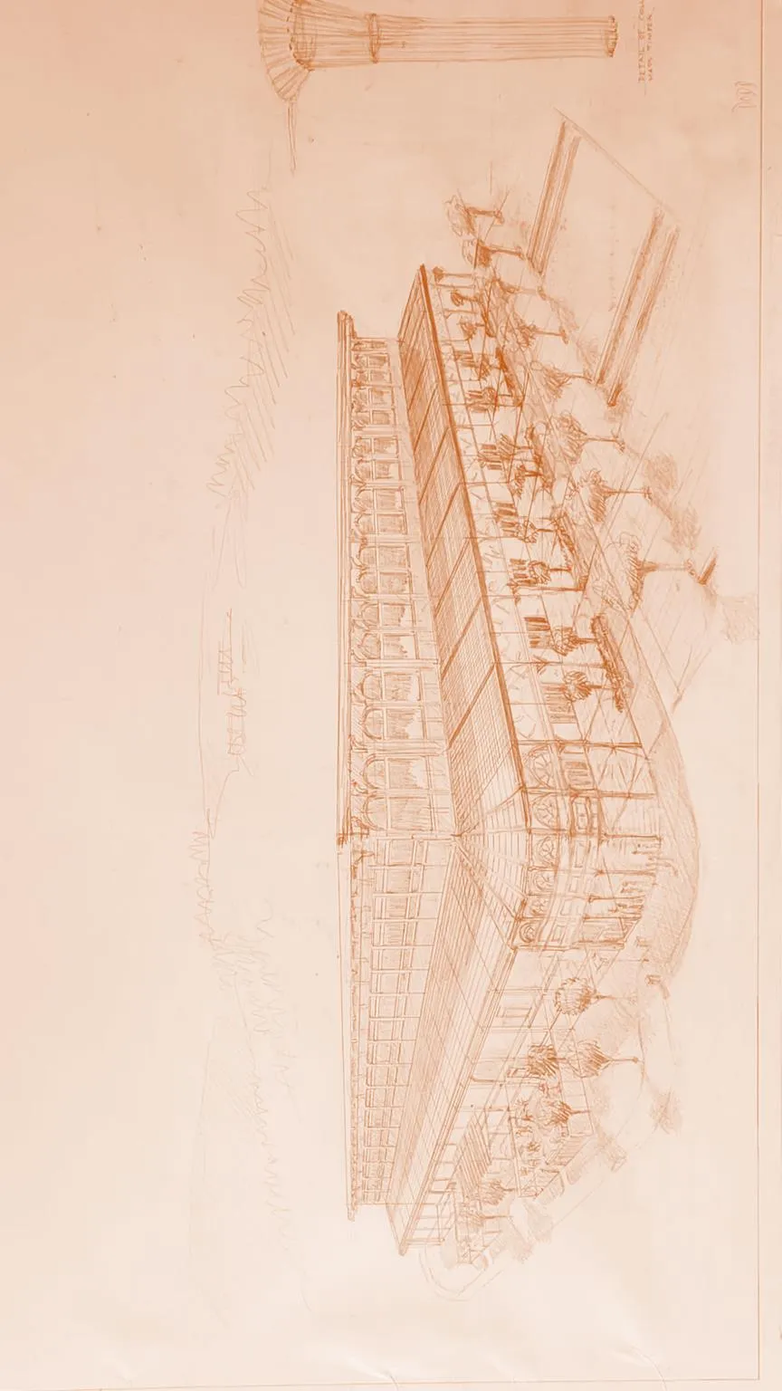 Architectural sketch of a community-oriented arts and culture centre building