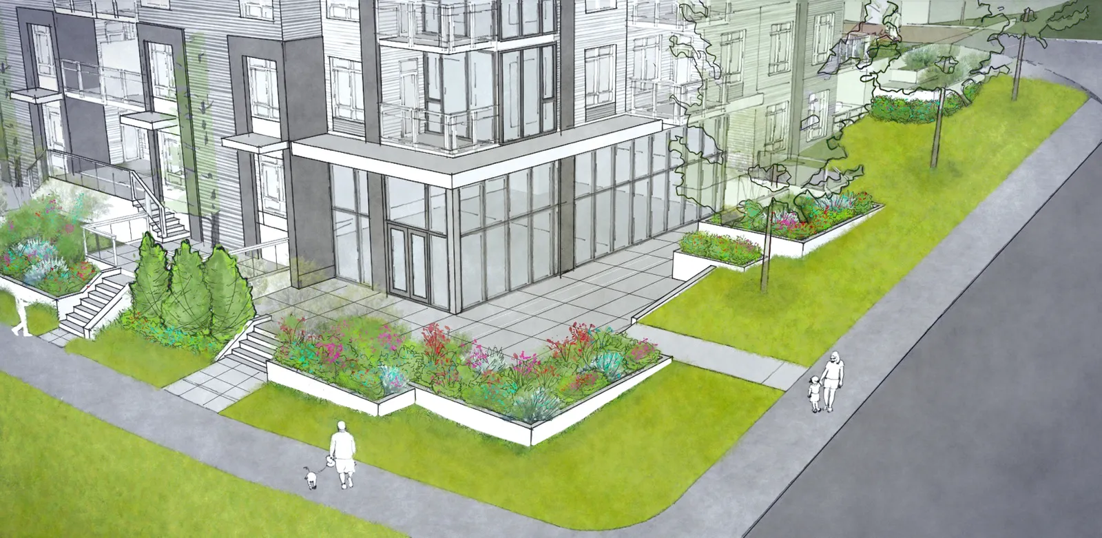 Architectural rendering of the building at 339 Island Highway, featuring a glass-fronted ground floor, landscaped garden beds, and pedestrians on the adjacent sidewalk.