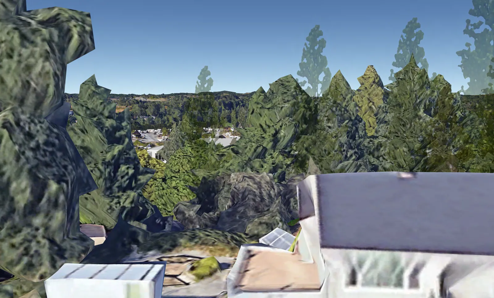 Google Earth rendering from an alternate perspective showing the terrain and greenery