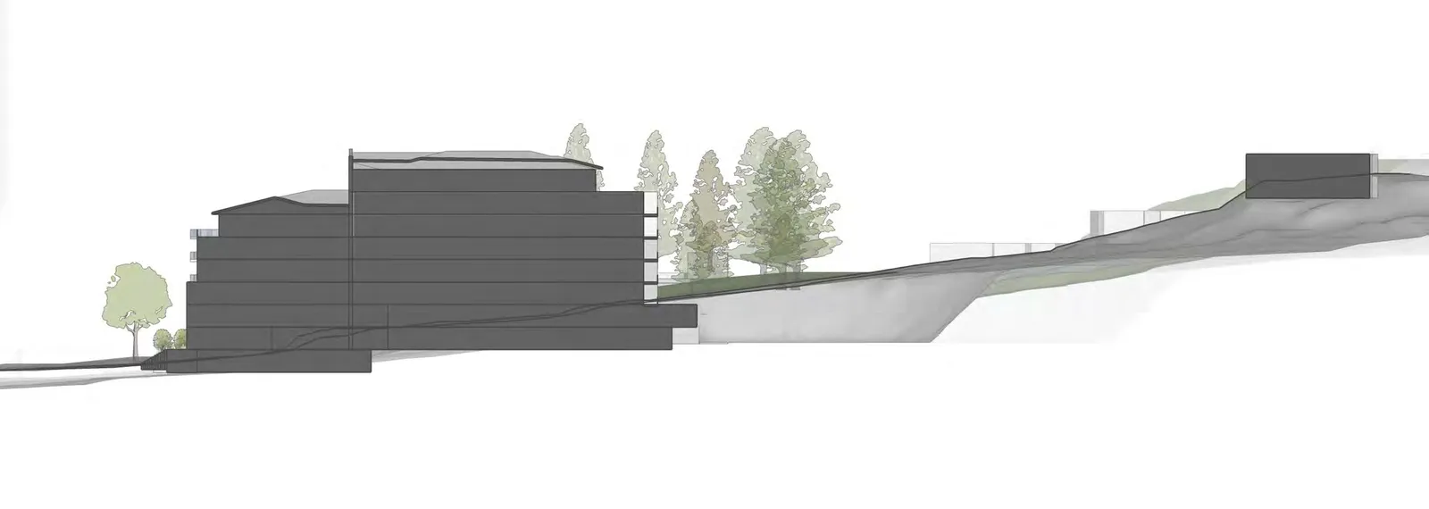 Building section diagram showing floor levels and sloped site profile