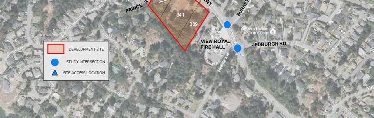 Bottom half of Figure 1 map showing development site, View Royal Fire Hall, and legend of study intersections