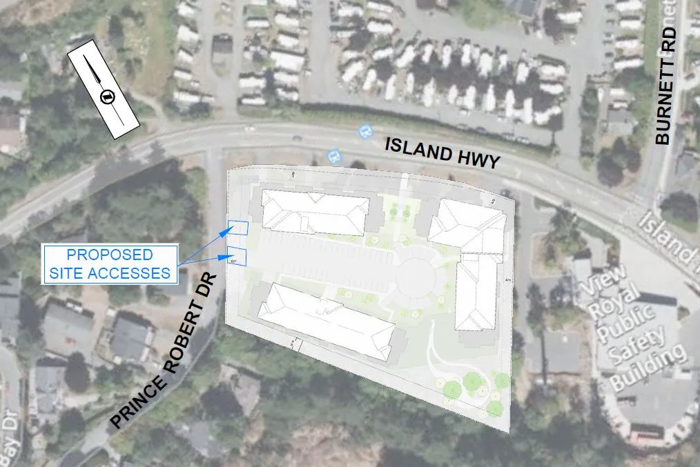 Figure 3: Site Plan and Access map showing proposed multi-family buildings and the two new site accesses on Prince Robert Drive