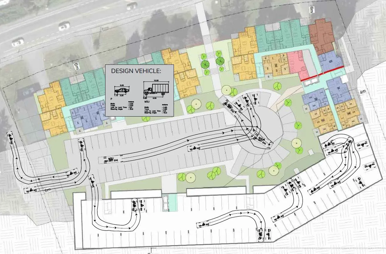 Vehicle Turning Movement Review site plan displaying AutoTURN path analysis for design vehicles