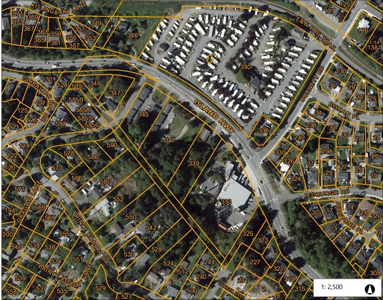 Aerial map showing subject properties at 339, 341, and 345 Island Highway outlined in red