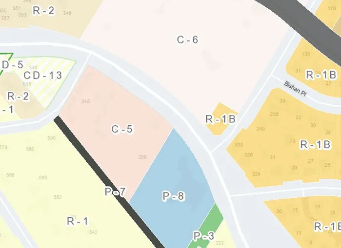 Zoning map showing properties at 339, 341, and 345 Island Highway with C-5 zoning