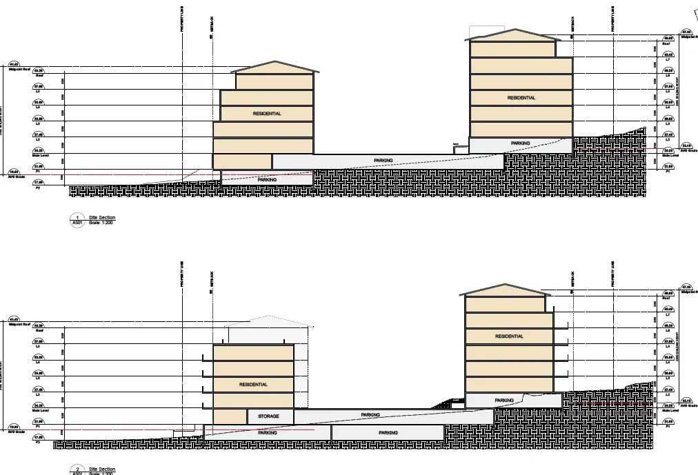 Architectural site sections showing elevations for buildings 1 and 3