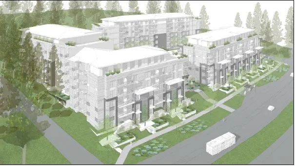 Aerial conceptual rendering of the proposed development looking towards Island Highway