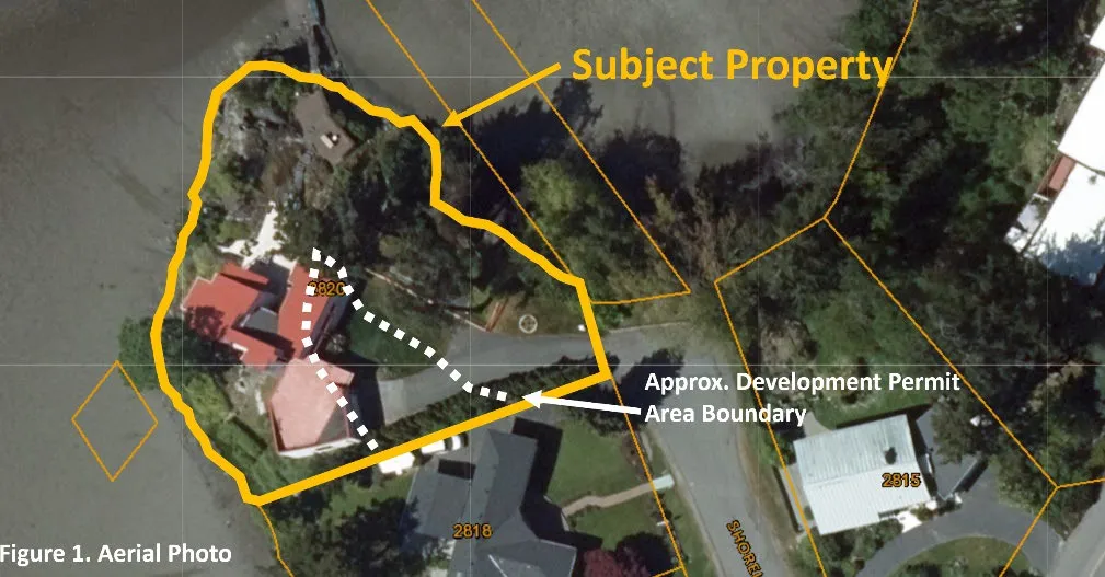 Figure 1. Aerial photo of the subject property at 2820 Shoreline Drive showing Development Permit Area Boundary