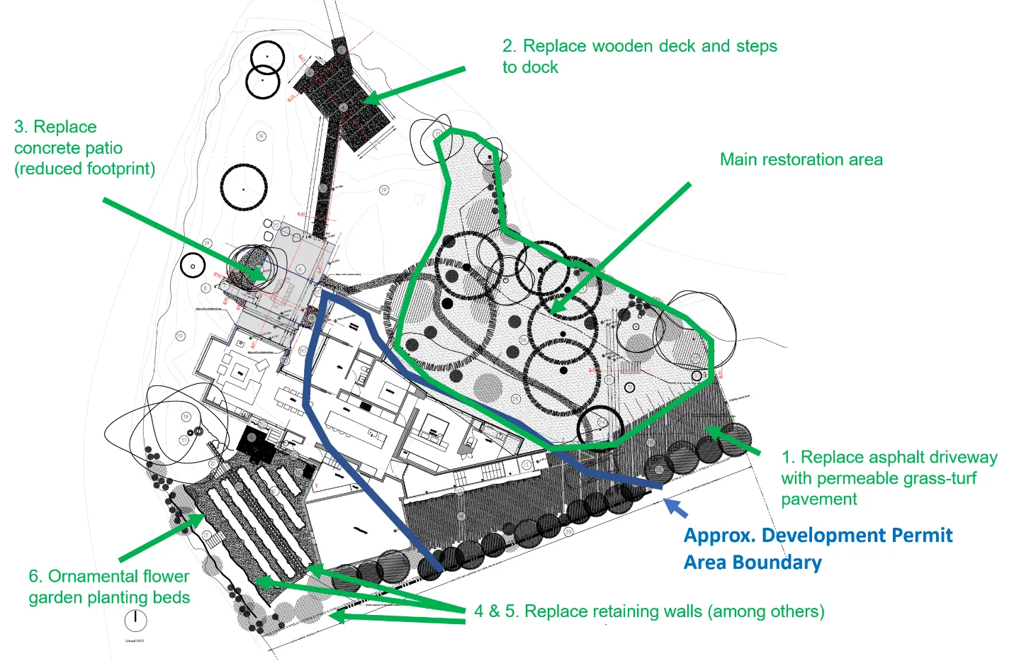 Figure 3. Site plan diagram detailing proposed works including driveway replacement, patio reduction, and restoration areas