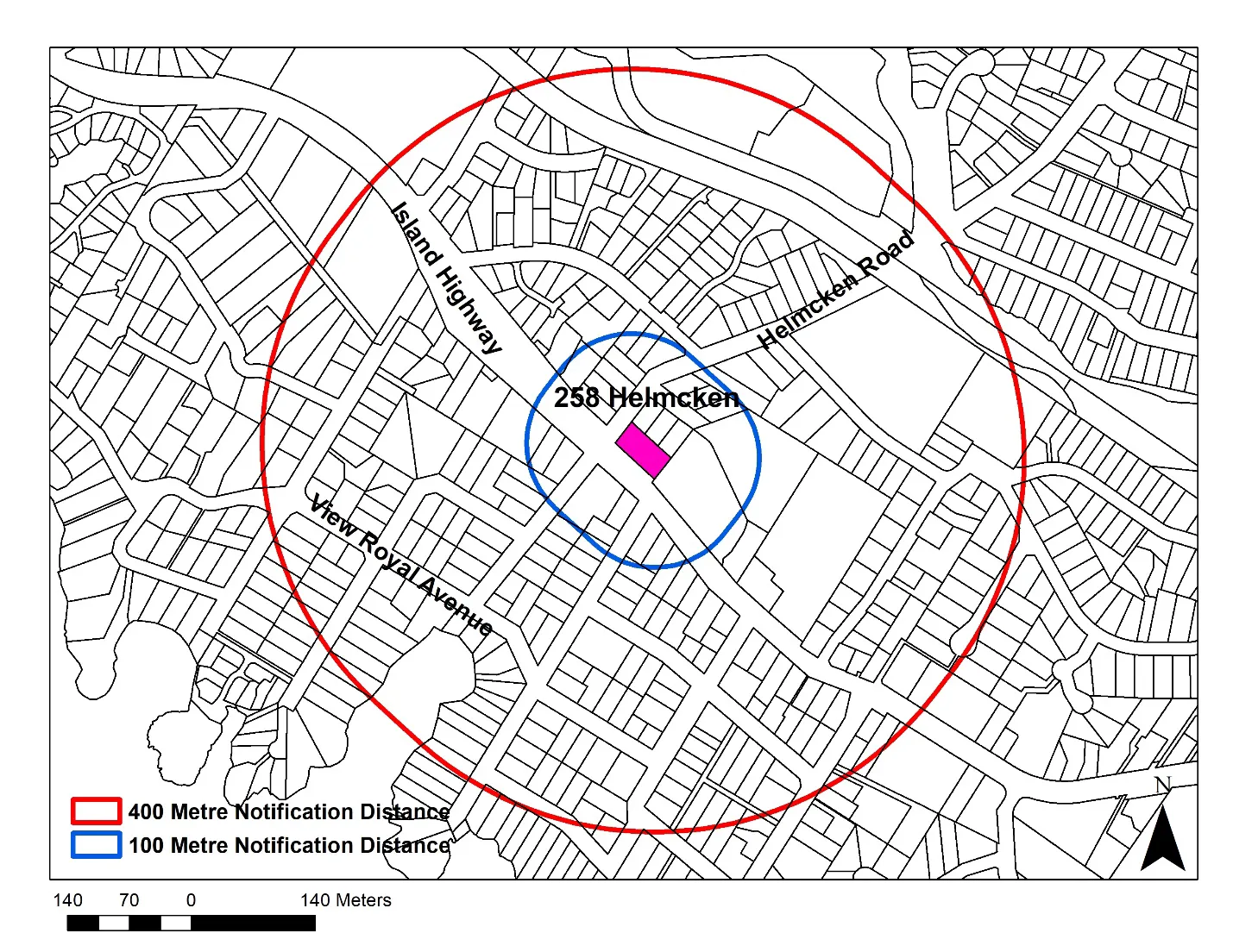 Notification Map Sample for 258 Helmcken Road showing the 100 Metre and 400 Metre Notification Distance circles