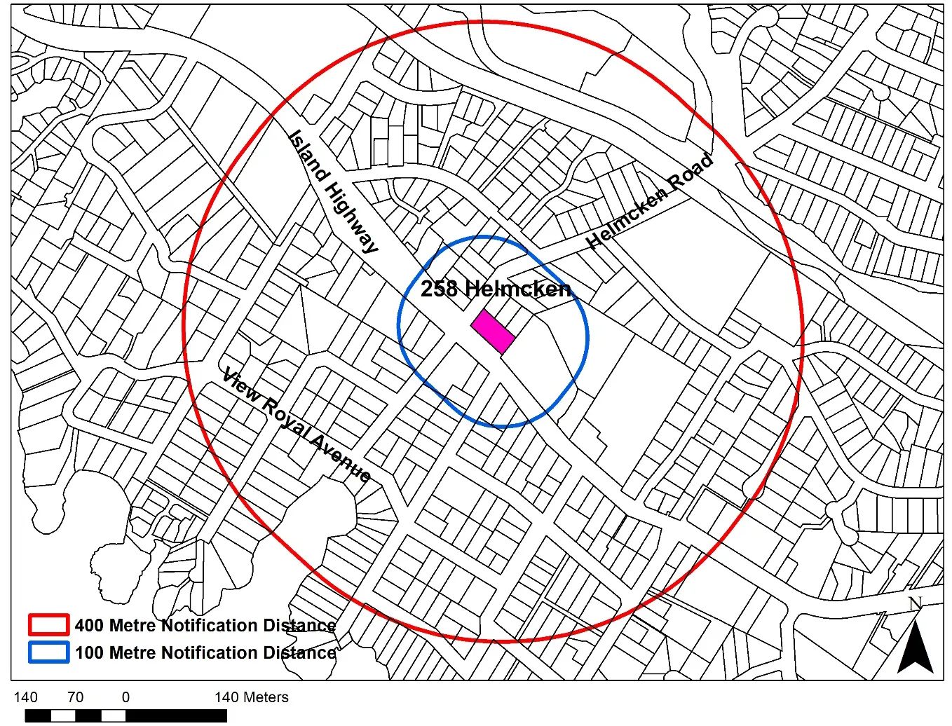 Map of proposed notification distances centered on 258 Helmcken Road showing 400 Metre Notification Distance (red circle) and 100 Metre Notification Distance (blue circle)