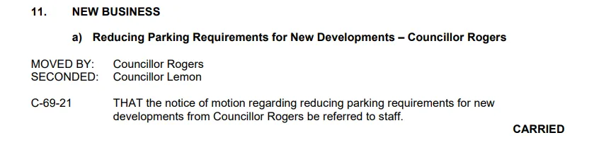 Council motion C-69-21 regarding reducing parking requirements for new developments