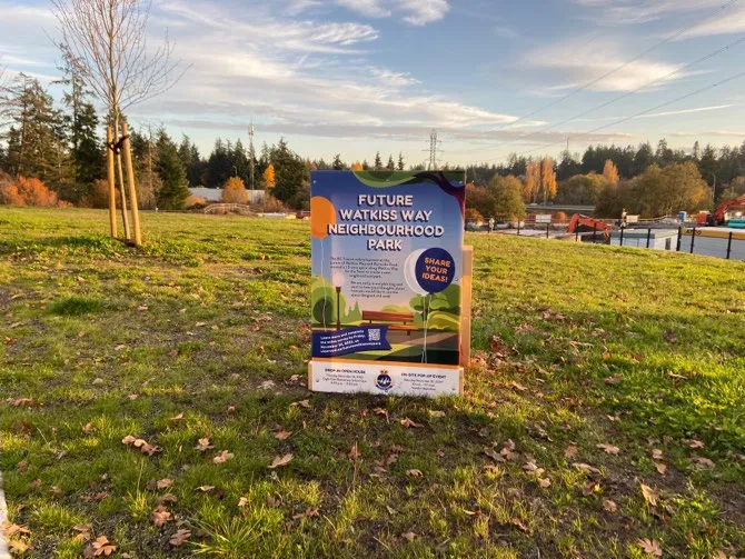 Sign for the "Future Watkiss Way Neighbourhood Park" in a field