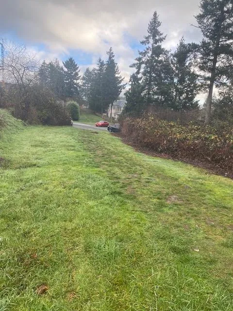 Grassy field leading down to a road with a red car and a dark car.