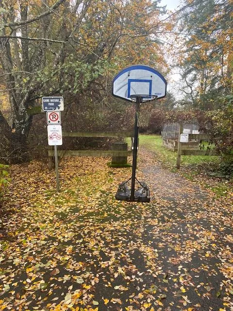 A portable basketball hoop stands on a path covered with fallen autumn leaves. To the left of the hoop is a signpost with three signs: one that reads "GAINE NATURE PARK," a "No Parking" symbol, and a "No Smoking" sign. A wooden fence and raised garden beds are visible in the background among trees.