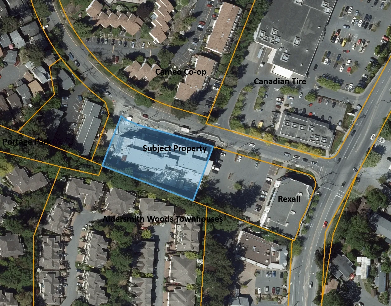 Aerial map highlighting the Subject Property in blue, with surrounding labels for Portage Park, Cameo Co-op, Canadian Tire, Aldersmith Woods Townhouses, and Rexall.