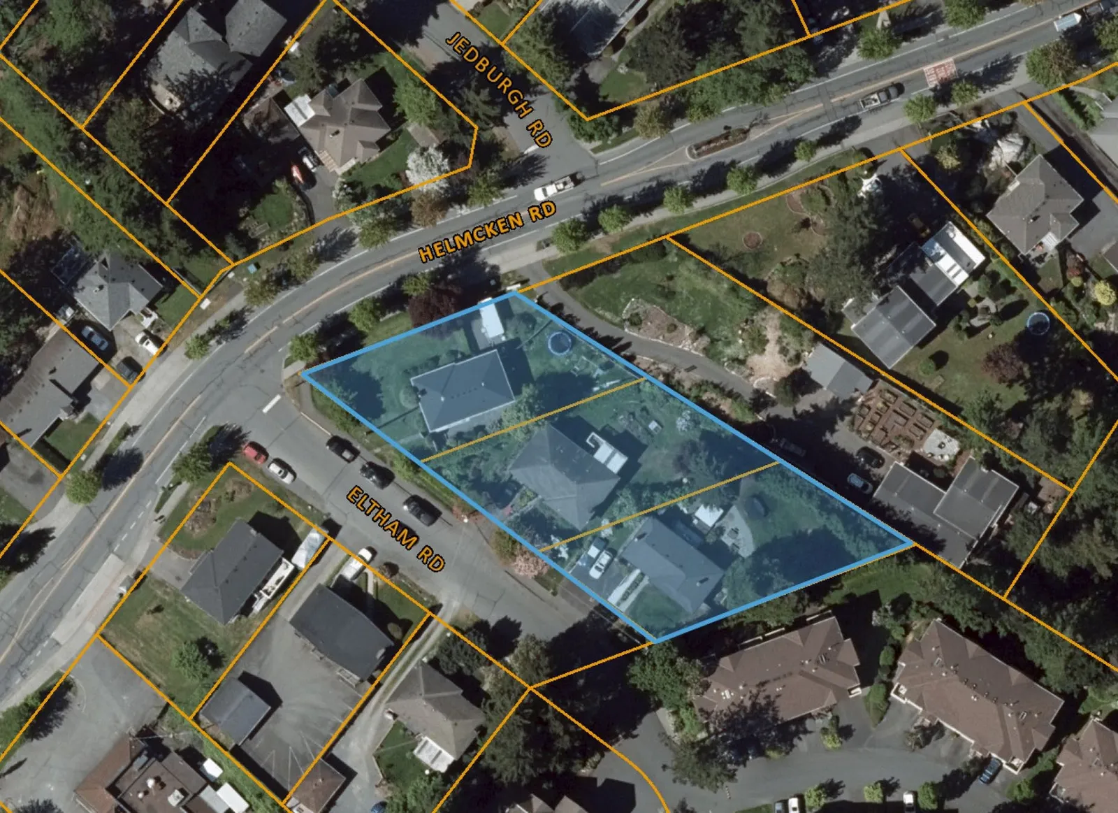 Aerial map of the subject properties at 294 and 296 Eltham Road and 242 Helmcken Road