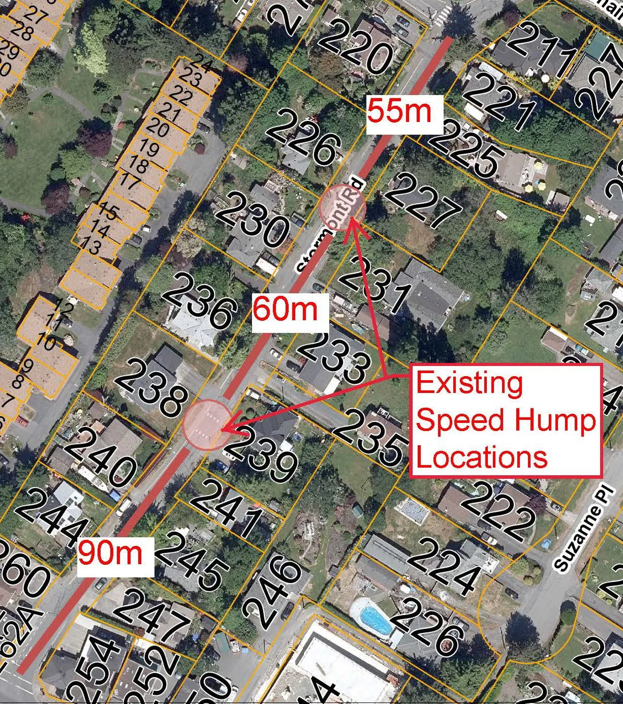 Aerial map of Stormont Road showing existing speed hump locations with distance markers of 55m, 60m, and 90m.