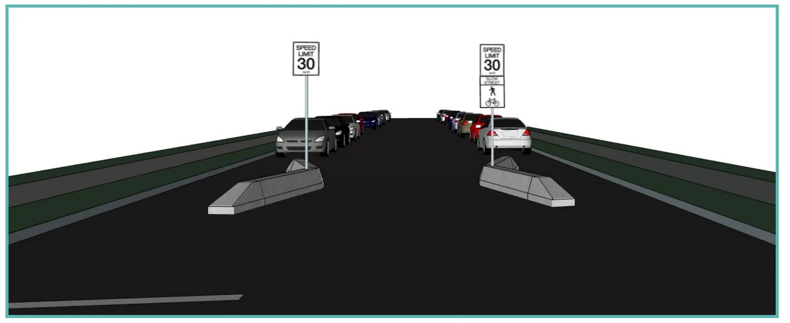 Rendering of a slow street barrier design featuring concrete barriers and 30 km/h speed limit signage on a narrow roadway.