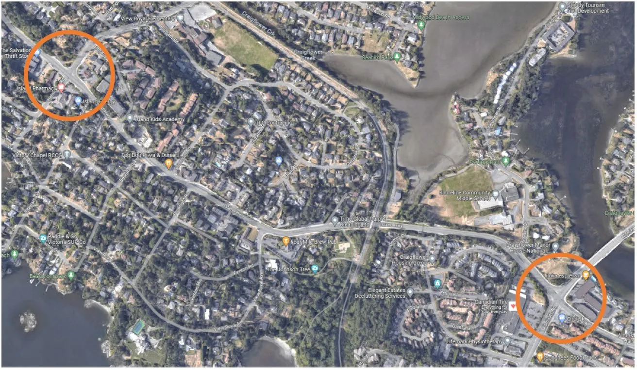 Aerial map showing intersection locations for Helmcken intersection to the west and Admirals intersection to the east.