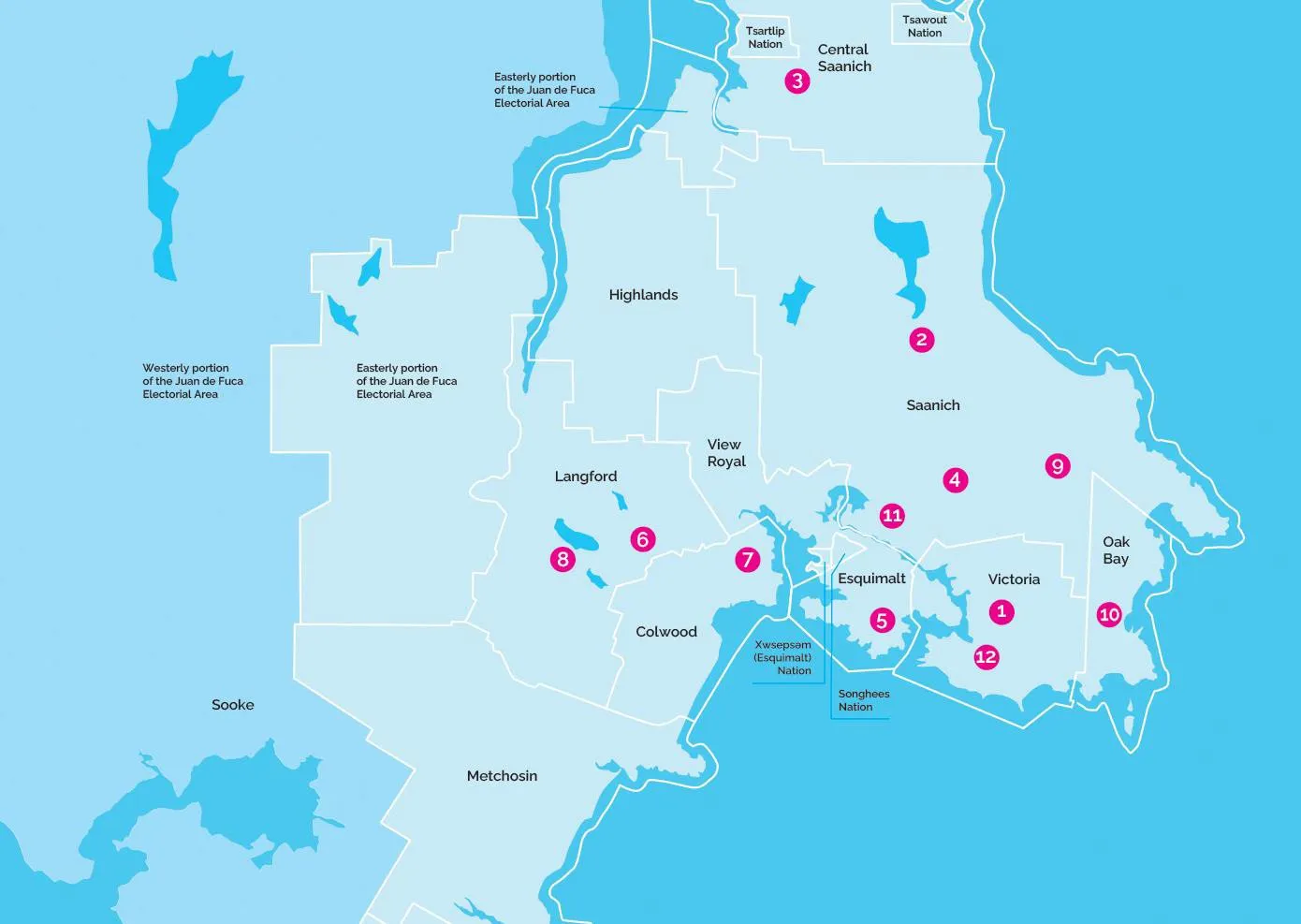 Map of Greater Victoria region showing 12 library branch locations across 10 municipalities