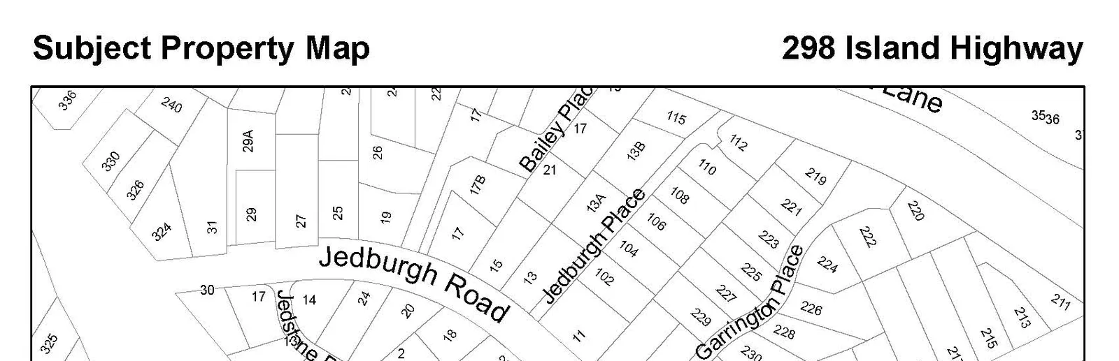 Upper portion of the Subject Property Map showing Jedburgh Road, Bailey Place, and Garrington Place