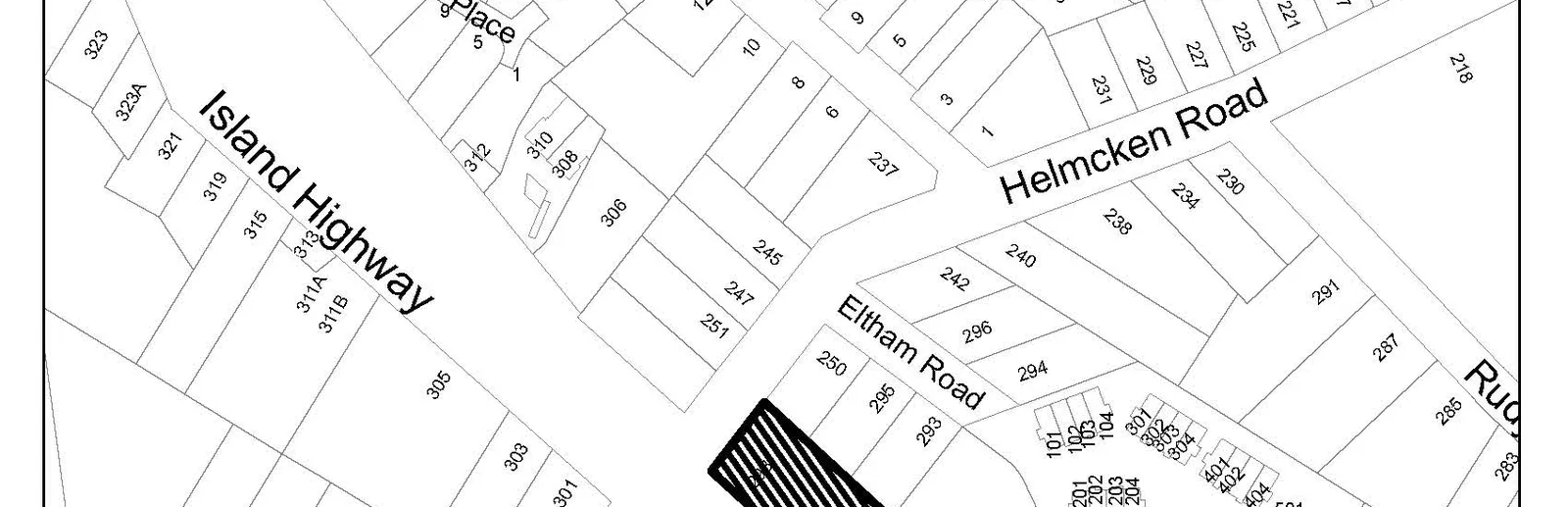 Middle-upper portion of the Subject Property Map showing Island Highway, Helmcken Road, and the hatched subject property at 298 Island Highway