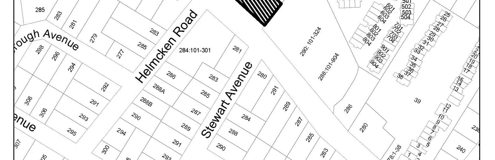 Middle-lower portion of the Subject Property Map showing Stewart Avenue, Beaumont Avenue, and lot numbers