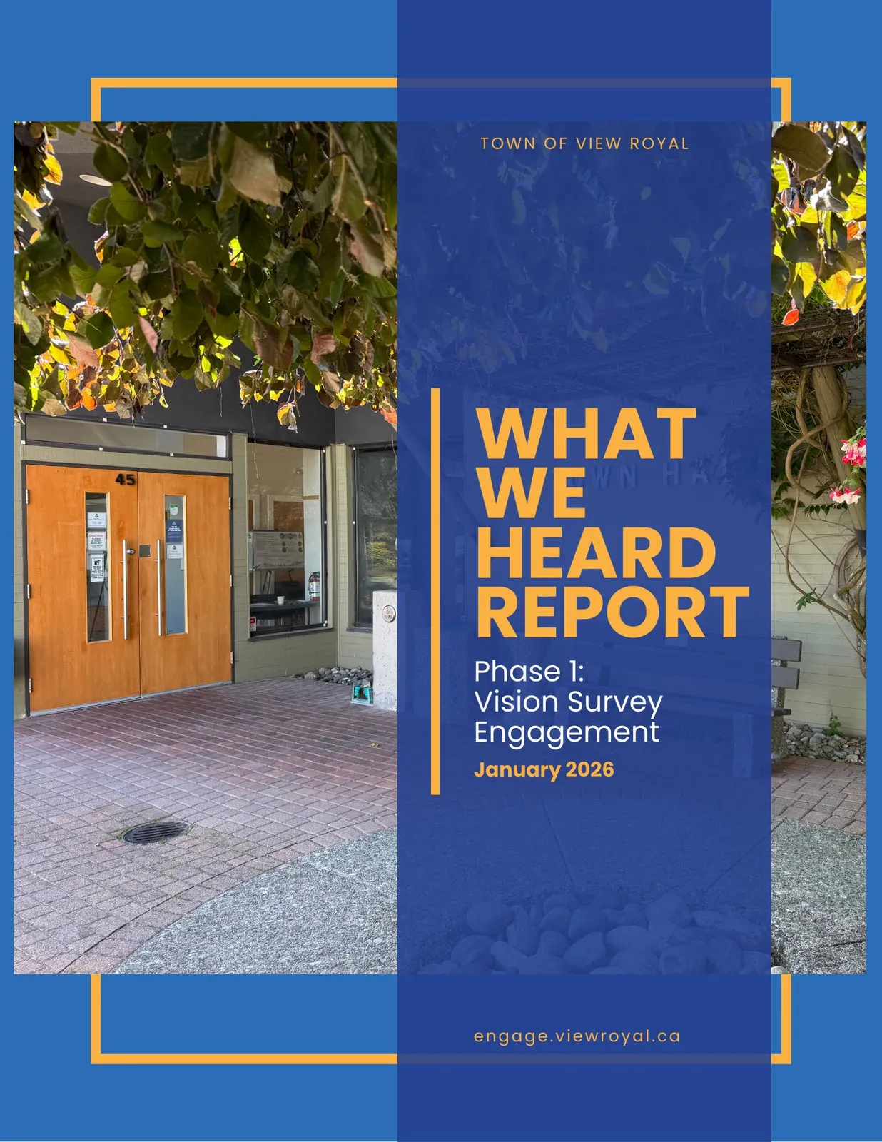 Cover page for the "What We Heard Report" featuring a photo of a building entrance with double wooden doors labeled "45" and lush green foliage hanging from above. A blue vertical banner on the right contains the report title.