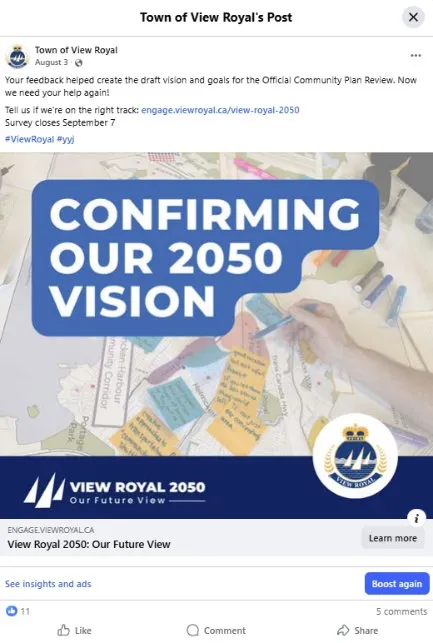 Screenshot of a sample social media post from the Town of View Royal titled "CONFIRMING OUR 2050 VISION" featuring a person's hand using markers on a map with colorful sticky notes.