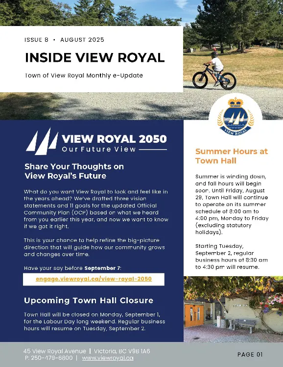 August 2025 "Inside View Royal" monthly e-update newsletter featuring the View Royal 2050 Official Community Plan update and engagement details