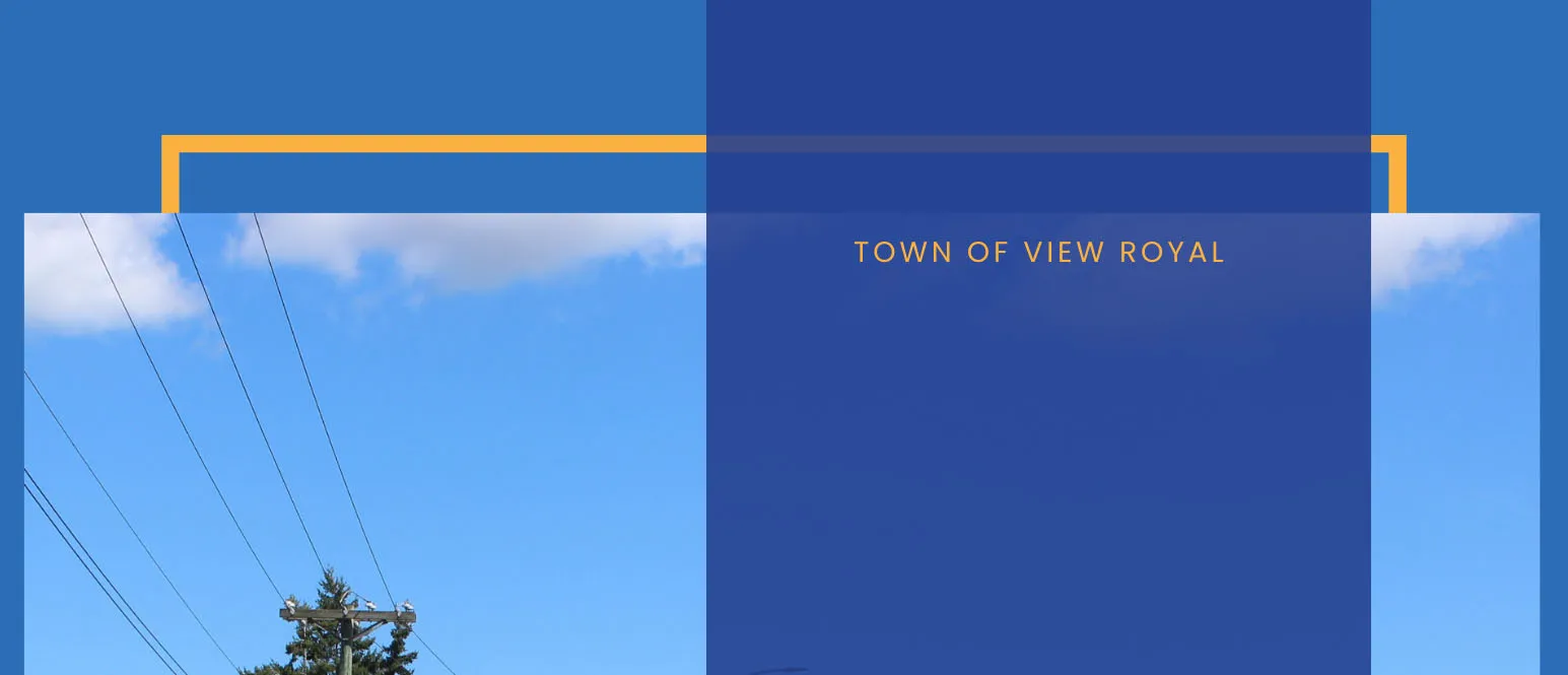 Top section of the report cover showing "TOWN OF VIEW ROYAL" against a blue background and sky