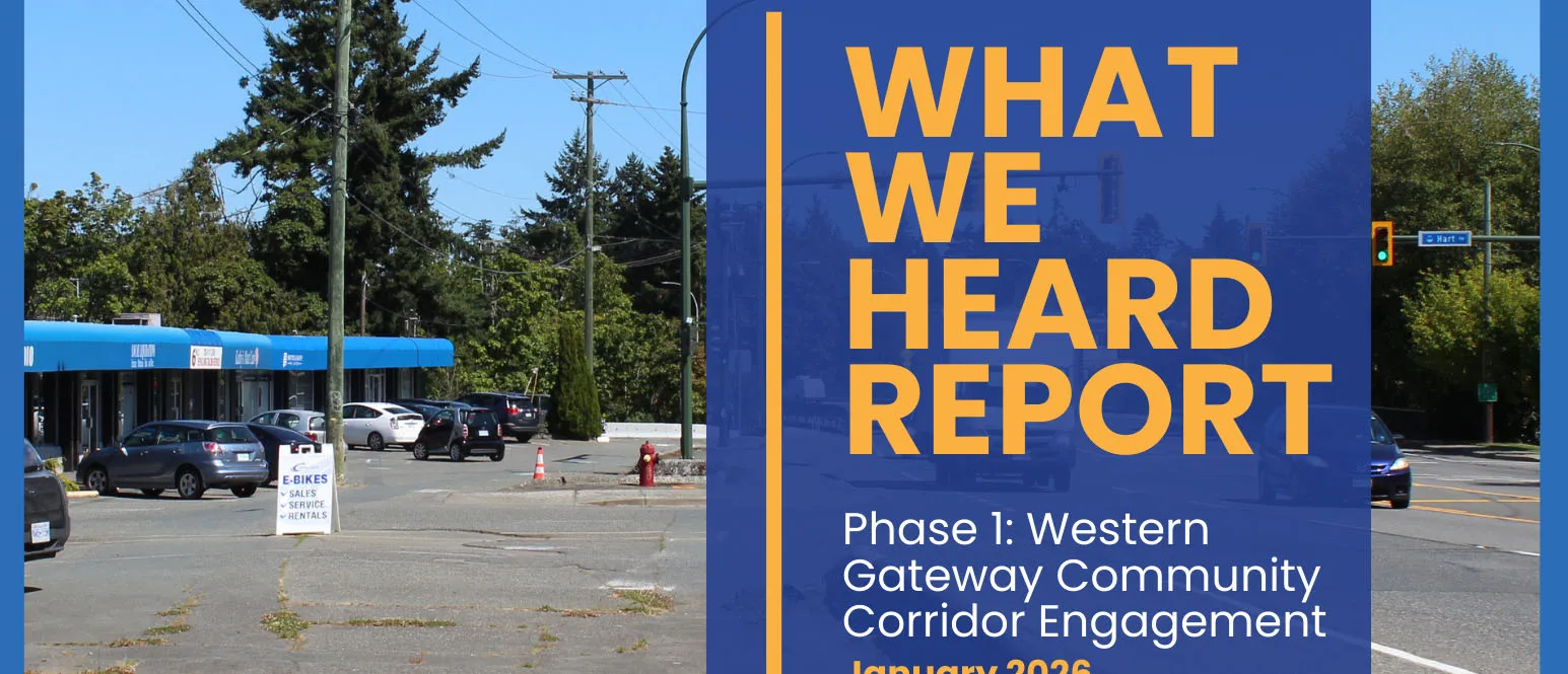 Middle section of the cover featuring the report title "WHAT WE HEARD REPORT" and a photo of a street corridor with a bike shop