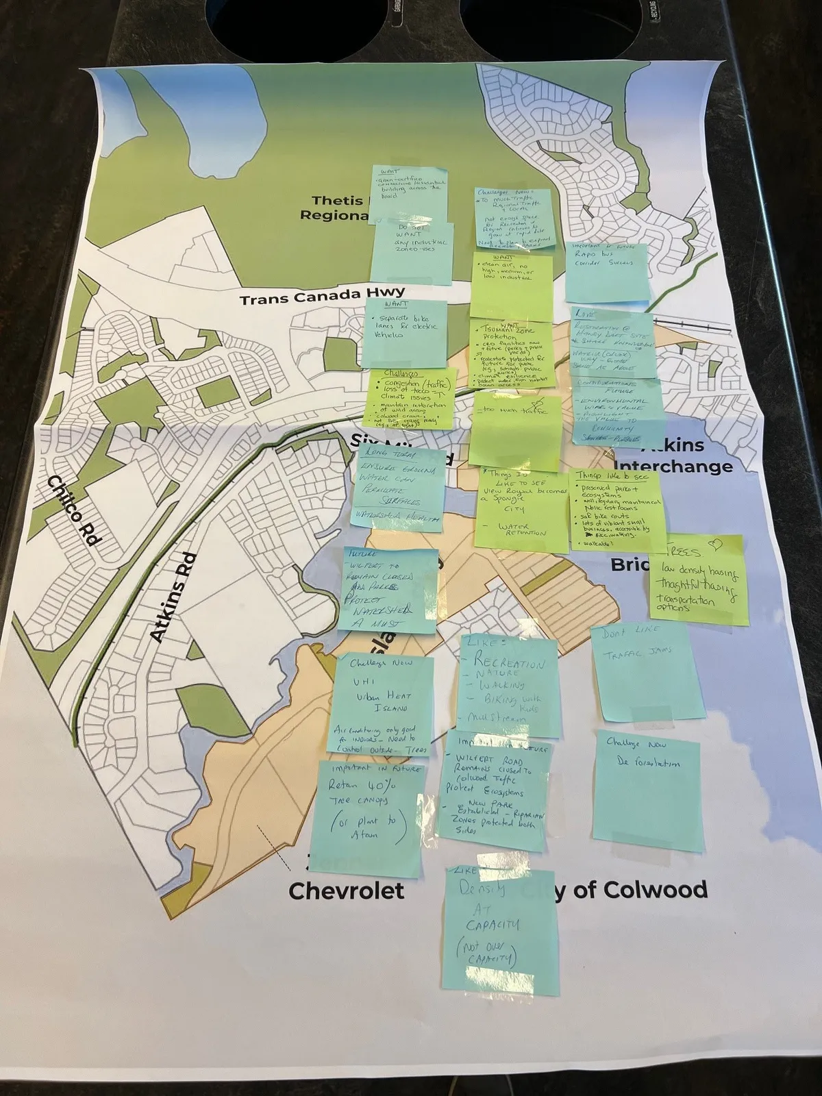 Map of Thetis Regional area with workshop feedback sticky notes