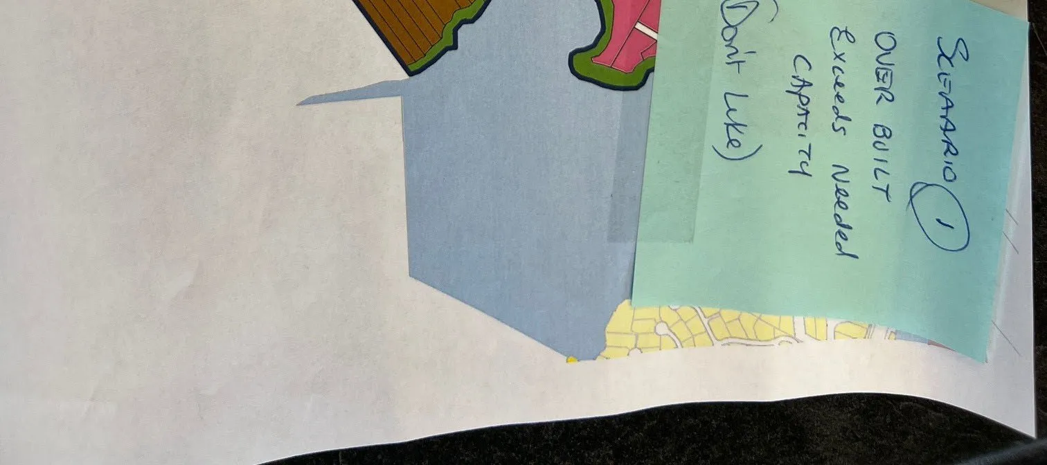 Close-up of blue sticky note on Scenario 1 map