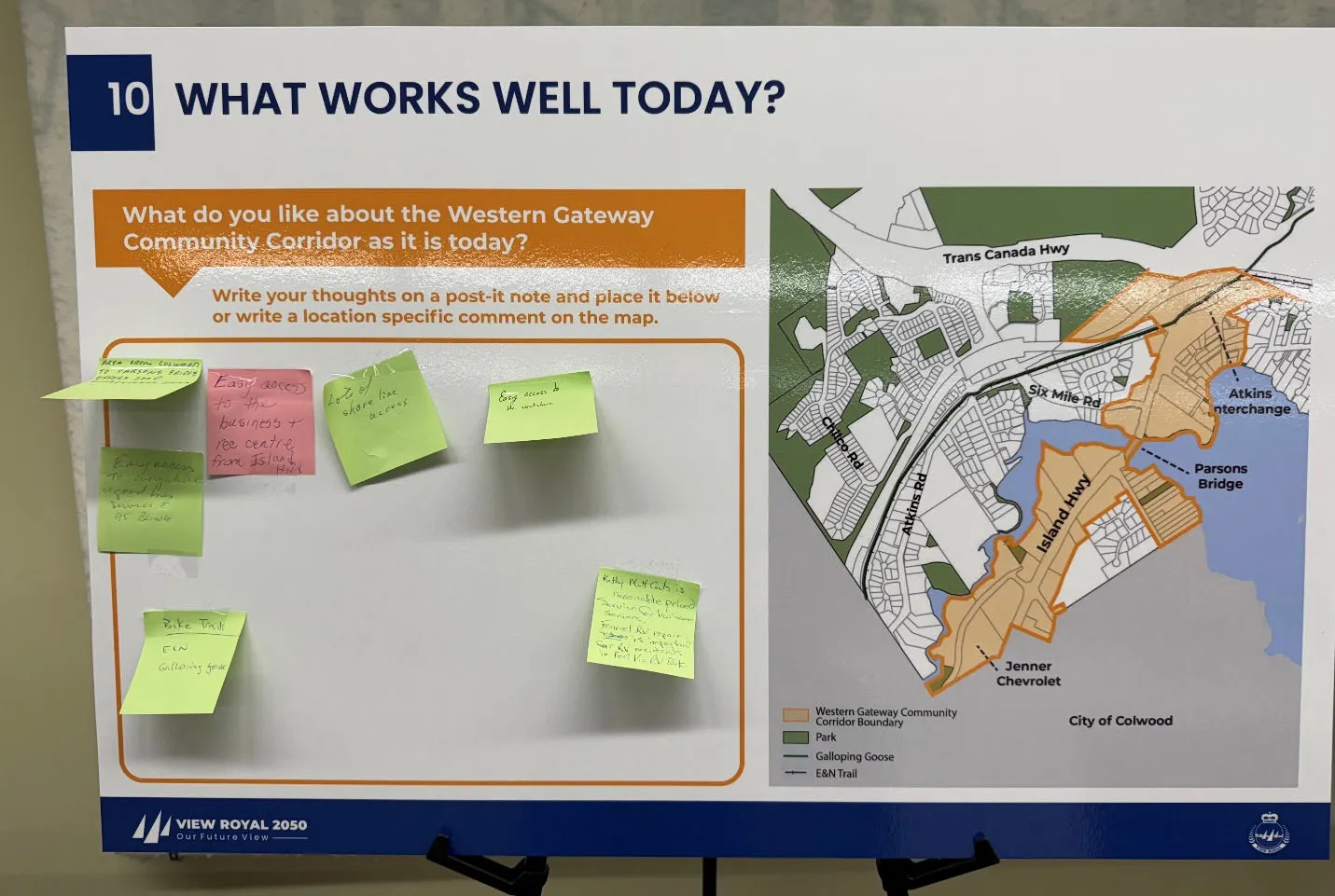 Feedback board for what works well today with a map of the corridor and sticky note comments - October 18, 2025