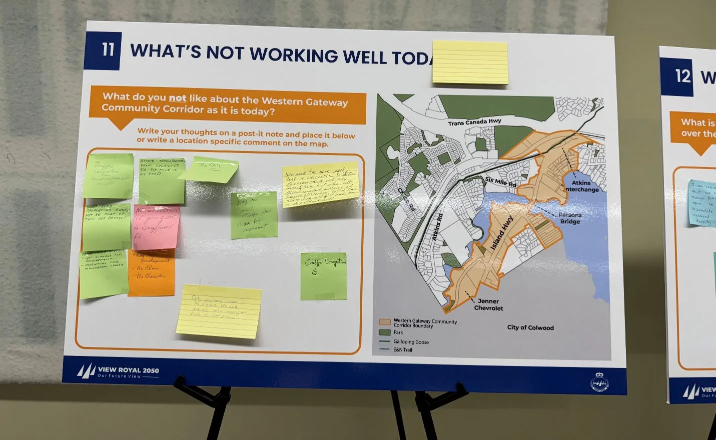 Feedback board for what is not working well today with a map of the corridor and sticky note comments - October 18, 2025